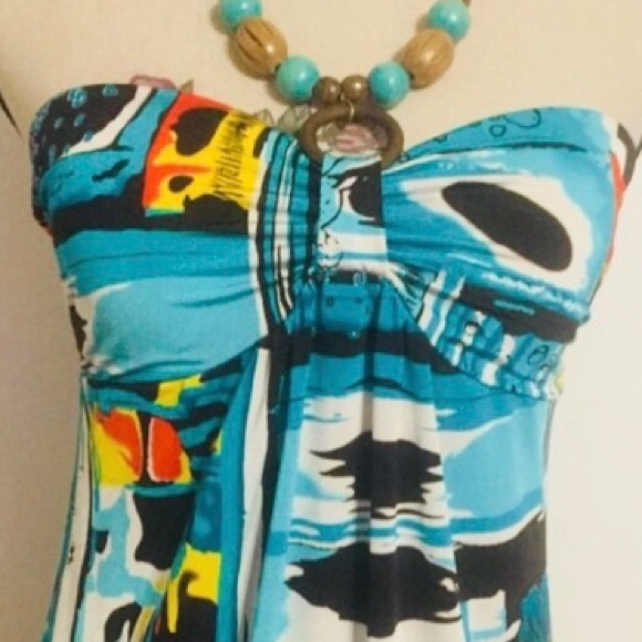 Dots Blue Multicolor Print Halter With Wooden Beads Tie Top NWT - Picture 4 of 9